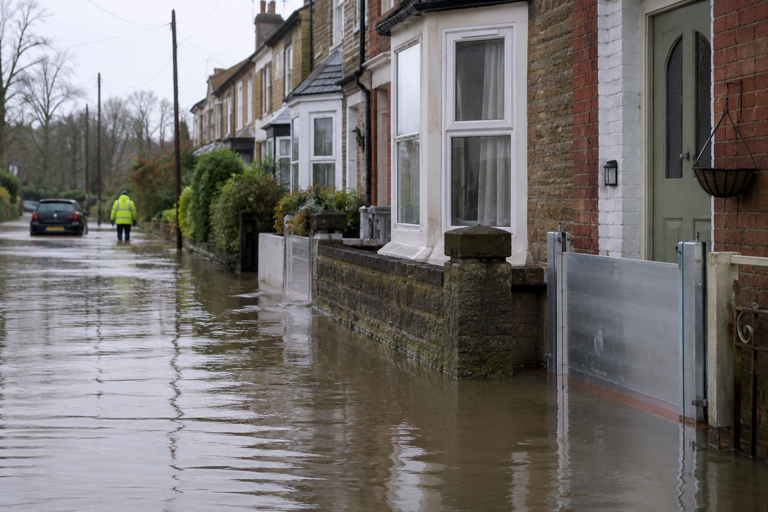 Floodwater and temporary barriers illustrating the remit of the Flood and Drought Resilience Taskforce